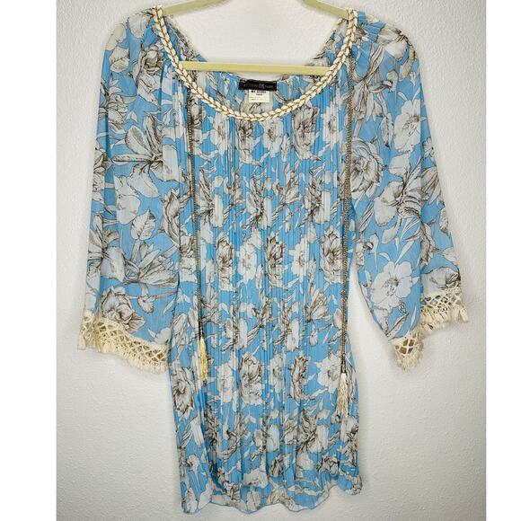 My Story Paris Cream & Blue Accordian Pleat 3/4 Sleeve Blouse S - Picture 2 of 16